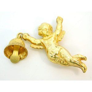 RARE VINTAGE MIRIAM HASKELL GOLD PLATED ANGEL CHERUB WITH BELL BROOCH ON CARD